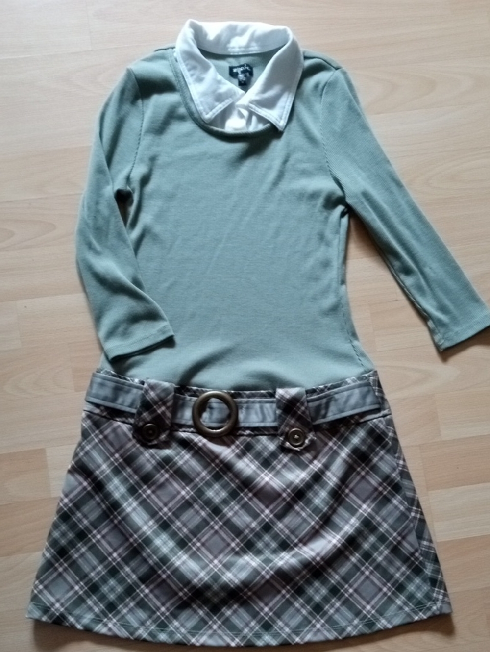 Zunie Plaid Mini Skirt with Belt in Sage and Taupe